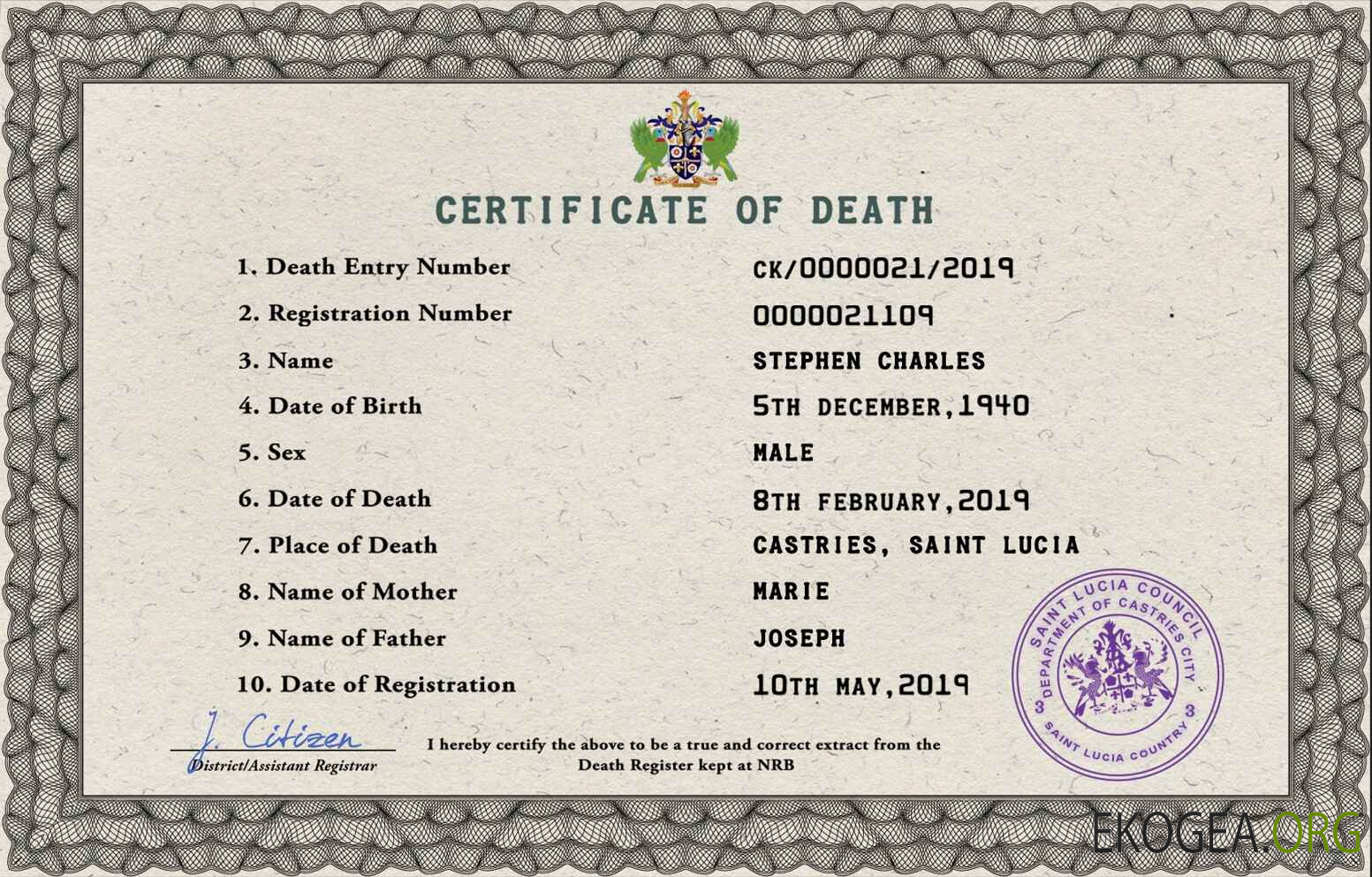 Modèle PSD de certificat de décès de l'état civil de Sainte Lucie